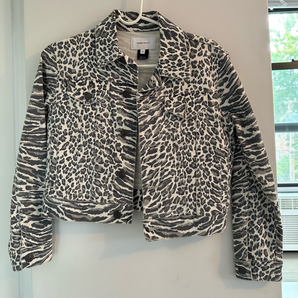 Current Elliott The Baby Trucker Leopard Print Denim Jacket - Size 0 XS